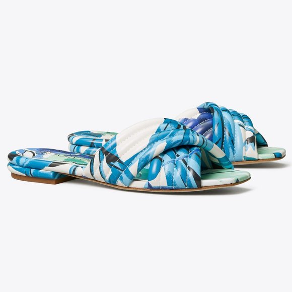 Tory Burch $278 LEATHER KIRA QUILTED FLAT SLIDE Blue Cream - Picture 5 of 10